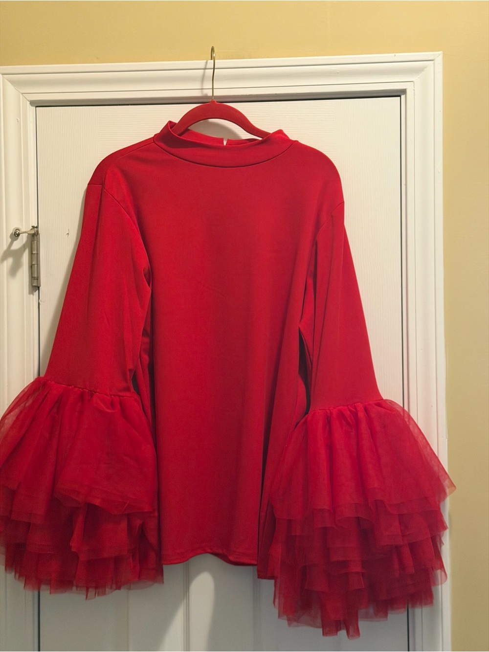 Red Knit Ruffle Sleeves Top